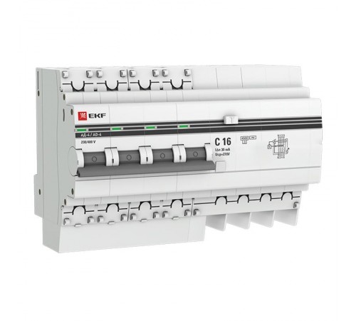 Выключатель автоматический дифференциального тока АД-4 16А/10мА (характеристика C, АС, электронный, защита 270В) 4,5кА PROxima  DA4-16-10-pro  EKF