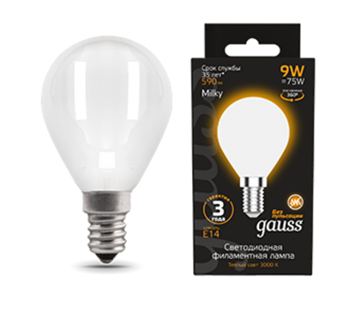 Лампа светодиодная Filament Шар 9W 590lm 3000К Е14 milky LED 1/10/50  105201109  Gauss