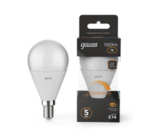 Лампа светодиодная LED 7Вт E14 220В 3000К шар, диммируемая  105101107-D  Gauss