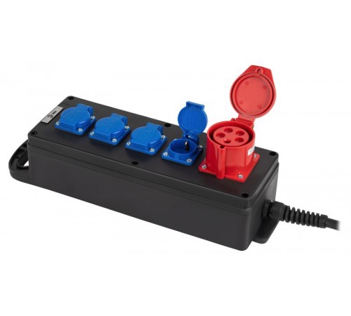 Удлинитель силовой IND380-U-5e-5x2,5-20m-IP44 380В на каучуковой колодке 5 розеток 1xCEE 5P/4xSCHUKO 20м КГ 5x2,5  Б0057317  ЭРА