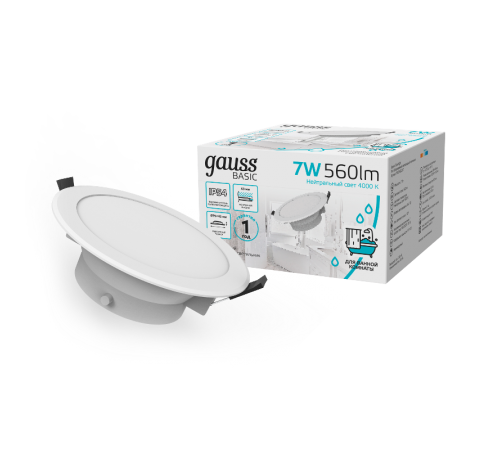 Светильник  Basic Downlight круг 7W 560lm 4000K 185-250V IP54 95*45 белый LED 1/40  9033420207  Gauss
