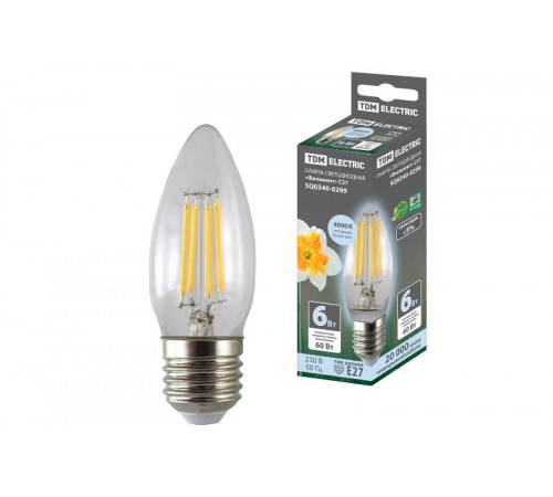 Лампа светодиодная свеча "Филамент" С37-6 Вт-230 В-4000 К-E27 TDM  SQ0340-0299  TDM