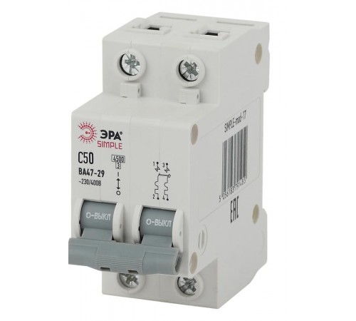 Выключатель автоматический двуххполюсный SIMPLE-mod-17 ВА47-29 2P 50А 4,5кА характеристика C SIMPLE  Б0039234  ЭРА