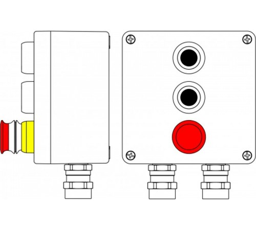 Ex пост управления из алюминия; 1Ex d e IIC T6 Gb X / Ex tb IIIB T80°CDb X / IP66;  Аварийная кнопка красная, 1NC/1NO -1 шт.; Кнопкачерная,1NC/1NO -2 