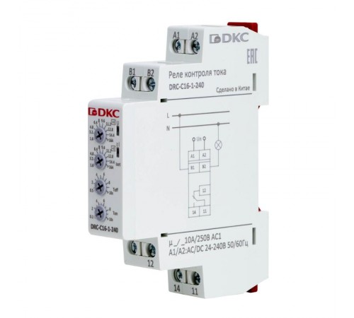 Реле контроля тока, тип DRC, 1.6-16А, конфигурация контакта 1CO, 24-240 AC/DC  DRC-C16-1-240  DKC