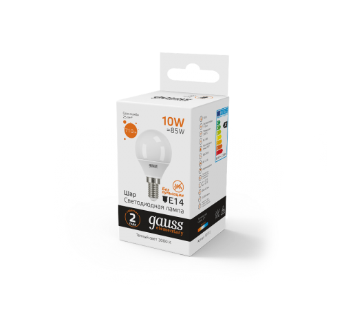 Лампа светодиодная LED 10Вт E14 220В 2700К Elementary шар  53110  Gauss