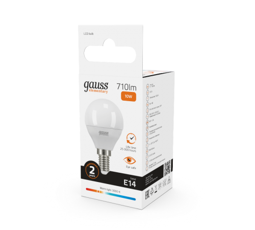Лампа светодиодная LED 10Вт E14 220В 2700К Elementary шар  53110  Gauss