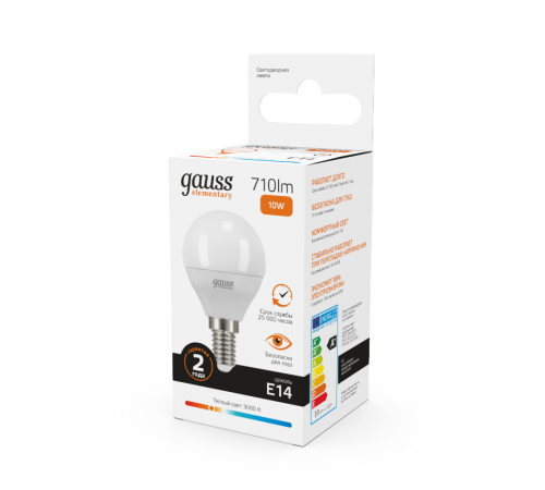 Лампа светодиодная LED 10Вт E14 220В 2700К Elementary шар  53110  Gauss