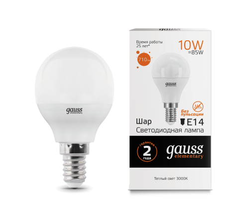 Лампа светодиодная LED 10Вт E14 220В 2700К Elementary шар  53110  Gauss