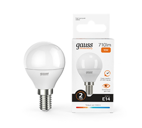 Лампа светодиодная LED 10Вт E14 220В 2700К Elementary шар  53110  Gauss