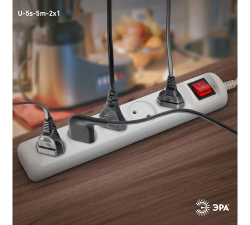 U-5s-5m-2x1 Удлин-ль без заземл, с выкл, 5гн, 5м, ПВС, 2х1мм2, 10А (12/432)  Б0044057  ЭРА