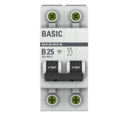 Выключатель автоматический двухполюсный 2P 25А (B) 4,5кА ВА 47-29 EKF Basicmcb4729-2-25-BEKF