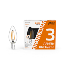 Лампа светодиодная   Basic Filament Свеча 5,5W 510lm 2700К Е14 LED (3 лампы в упаковке) 1/20  1031116T  Gauss