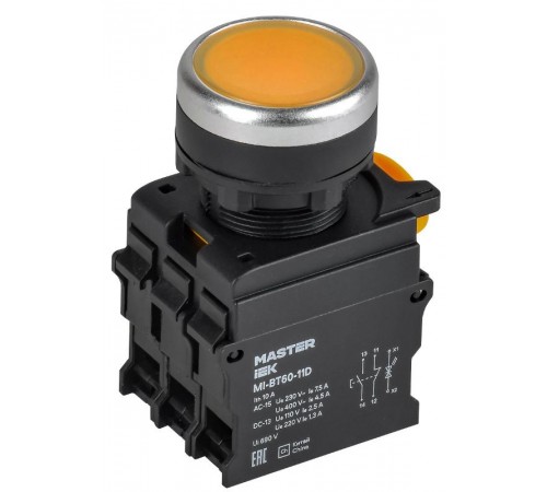 Кнопка с подсветкой d=22мм 1NO+1NC жёлтая MASTER  MI-BT60-11D-3-12-K05  IEK
