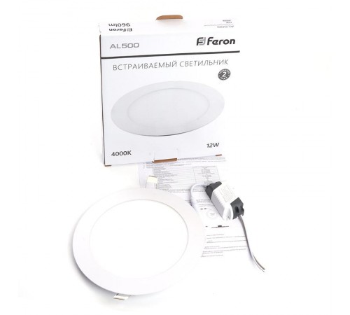 Светильник светодиодный встраиваемый ультратонкий AL500, 12W, 4000K, 960Lm, белый  28504  FERON