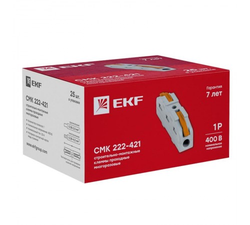 Строительно-монтажная клемма СМК 222-421 проходная 1 полюс 0,08-4мм2 (25шт.) PROxima  plc-smk-421  EKF