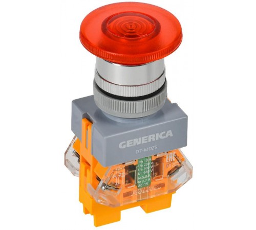 Кнопка D7-MDZS "Грибок" d=22мм 1з+1р с подсветкой и фиксацией красная  BBG50-11MDZS-3-11-K04-G  GENERICA
