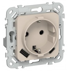 FLITE Розетка с заземлением со шторками 16А с USB A+C 20Вт быстрозажимные клеммы РСЮшс11-1-ФлЛ льняной  FI-R14-16-1-U22-020-K88  IEK