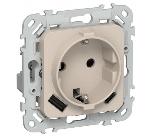 FLITE Розетка с заземлением со шторками 16А с USB A+C 20Вт быстрозажимные клеммы РСЮшс11-1-ФлЛ льняной  FI-R14-16-1-U22-020-K88  IEK