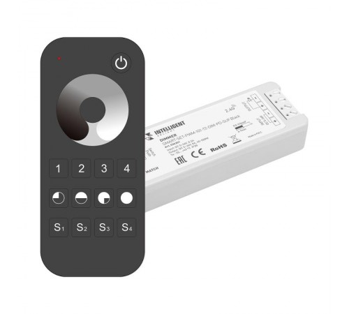 INTELLIGENT ARLIGHT Диммер SMART-SET-PWM-101-72-DIM-PD-SUF Black (5-36V, 1x8A, x4, ПДУ 13кн, 2.4G) (IARL, IP20 Пластик, 5 лет)  036201  Arlight
