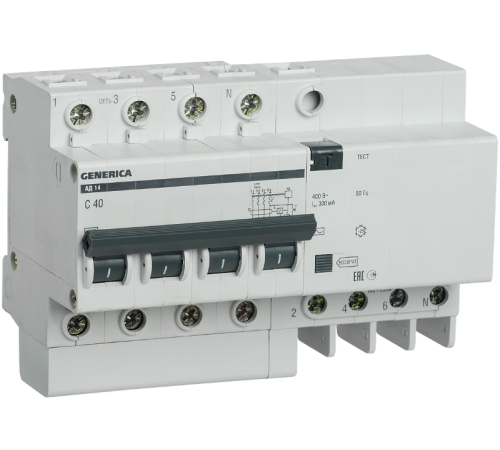 Выключатель автоматический дифференциального тока АД14 4п 40А C 300мА тип AC (7 мод)  MAD15-4-040-C-300  GENERICA