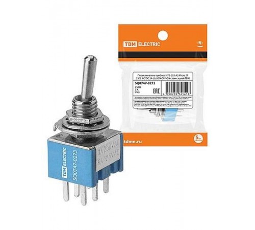 Переключатель-тумблер MTS-203-A2 Micro 2P 250В AC/DC 3А (6c) ON-OFF-ON с фиксацией   SQ0747-0273  TDM
