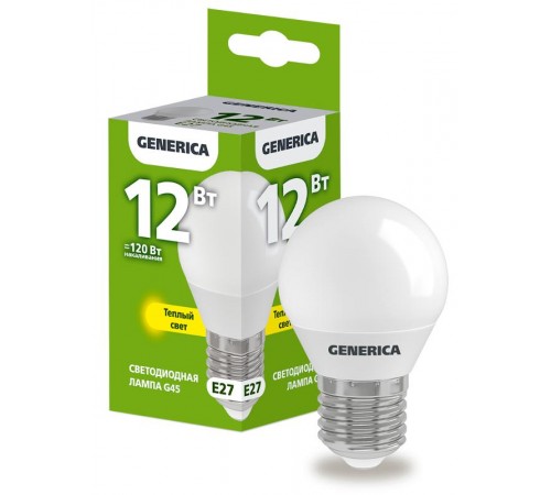 Лампа светодиодная G45 шар 12Вт 230В 3000К E27   LL-G45-12-230-30-E27-G  GENERICA