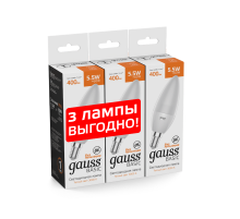 Лампа светодиодная   Basic Свеча 5,5W 400lm 3000K E14 (3 лампы в упаковке) LED 1/40  1033116K  Gauss