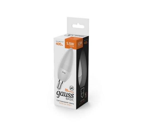 Лампа светодиодная   Basic Свеча 5,5W 400lm 3000K E14 (3 лампы в упаковке) LED 1/40  1033116K  Gauss