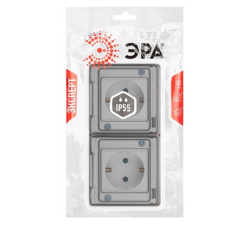 Розетка 2-ая ЭРА Эксперт 11-2523-01 2х2P+E гориз. IP55, 16A-250В, СУ, Белый   Б0063276  ЭРА