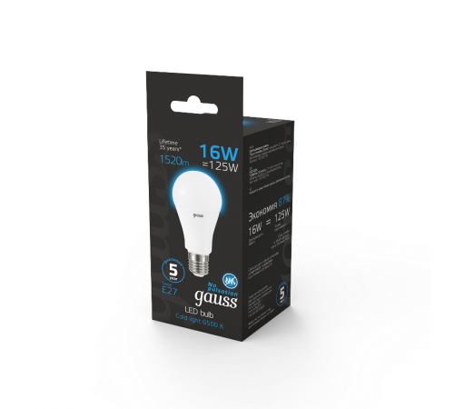 Лампа светодиодная A60 16W 1520lm 6500K E27 LED 1/10/50  102502316  Gauss