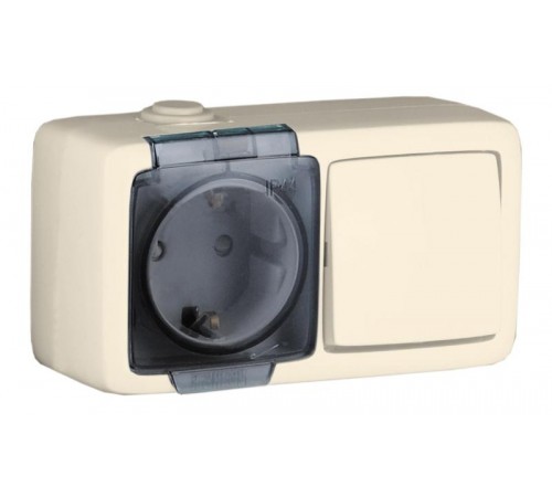 БА16-211-01 Блок открытой установки, брызгозащищенный , розетка с заземляющим контактом + одноклавишный выключатель, цвет слоновая кость  БА16-211-01