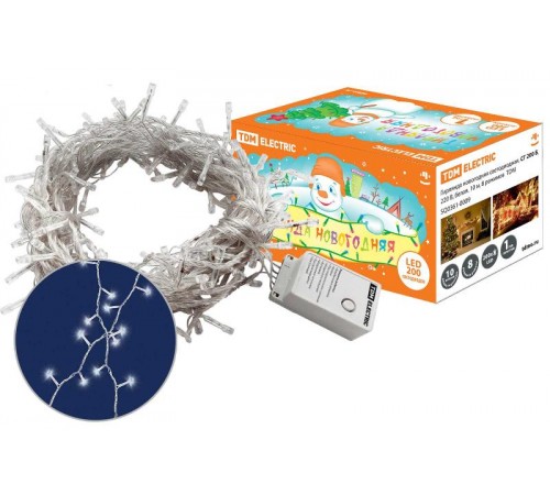 Гирлянда новогодняя светодиодная, СГ 200 Б, 220 В, белая, 10 м, 8 режимов  SQ0361-0009  TDM ELECTRIC