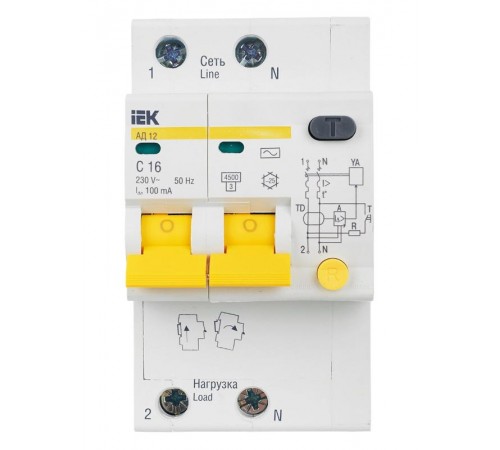 Выключатель автоматический дифференциального тока АД12 2п 16А C 100мА тип AC (3 мод)  MAD10-2-016-C-100  IEK