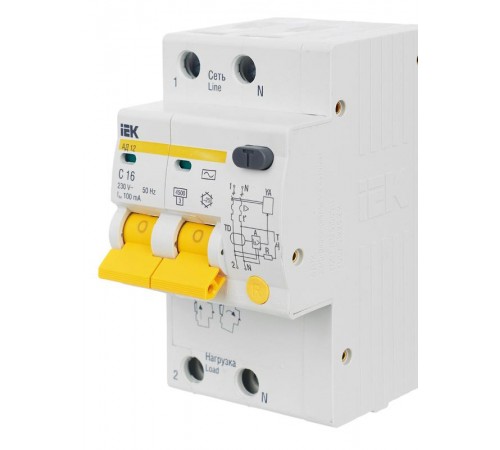 Выключатель автоматический дифференциального тока АД12 2п 16А C 100мА тип AC (3 мод)  MAD10-2-016-C-100  IEK