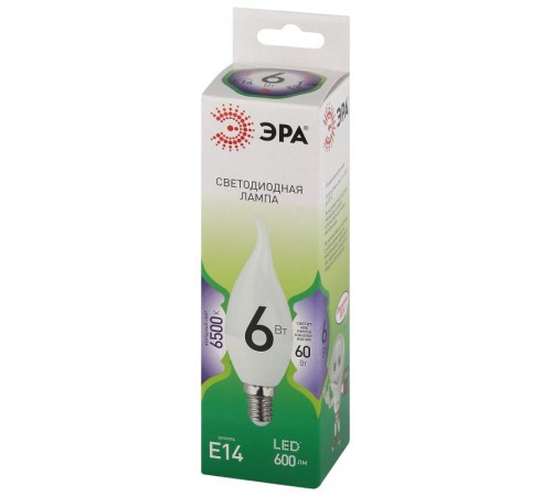 Лампа светодиодная  GREEN LINE LED BXS-6W-865-E14 GL E14 6 Вт свеча на ветру холодный свет  Б0067113  ЭРА