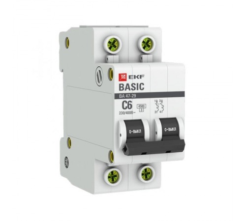 Выключатель автоматический двухполюсный ВА 47-29 6А C 4,5кА Basic  mcb4729-2-06C  EKF