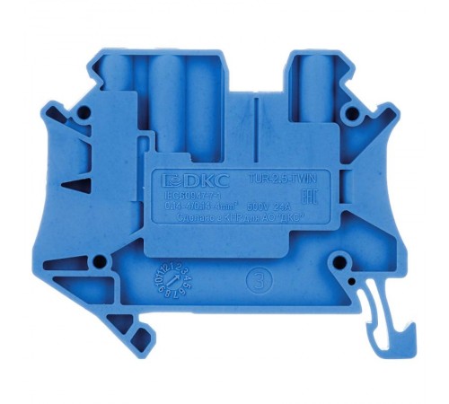 Клемма проходная, винтовой зажим, 3 точки подключения, 2.5 кв.мм, синяя  TUR-2.5-TWIN-BU  DKC