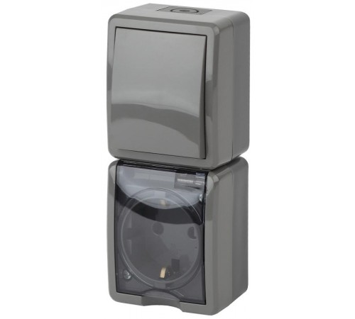 Блок розетка+выключатель вертикальный IP54, 16A(10AX)-250В, ОУ, 11-7407-03 Эра Эксперт, Серый  Б0036005  ЭРА