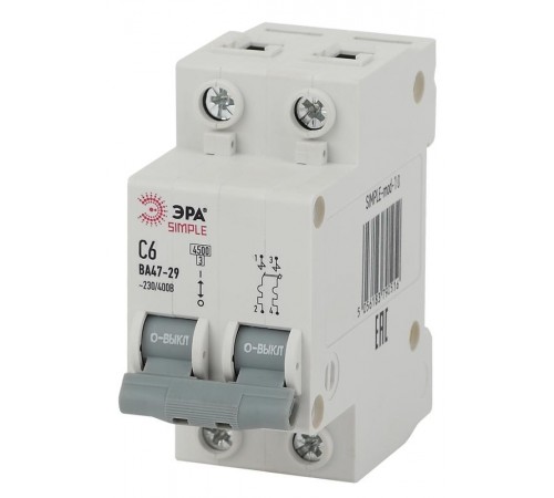 Выключатель автоматический двуххполюсный SIMPLE-mod-10 ВА47-29 2P 6А 4,5кА характеристика C SIMPLE  Б0039227  ЭРА