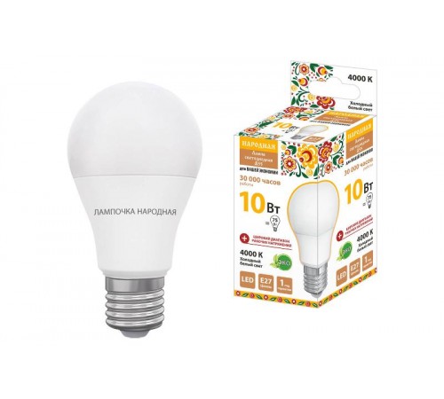 Лампа светодиодная НЛ-LED-A55-10 Вт-230 В-4000 К-Е27, (55х98 мм), Народная  SQ0340-1509  TDM