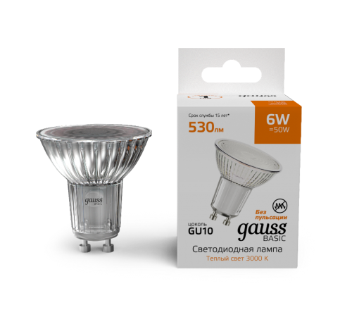 Лампа светодиодная   Basic MR16 6W 530lm 3000K GU10 LED 1/10/100  10106162  Gauss