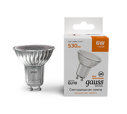 Лампа светодиодная   Basic MR16 6W 530lm 3000K GU10 LED 1/10/100  10106162  Gauss