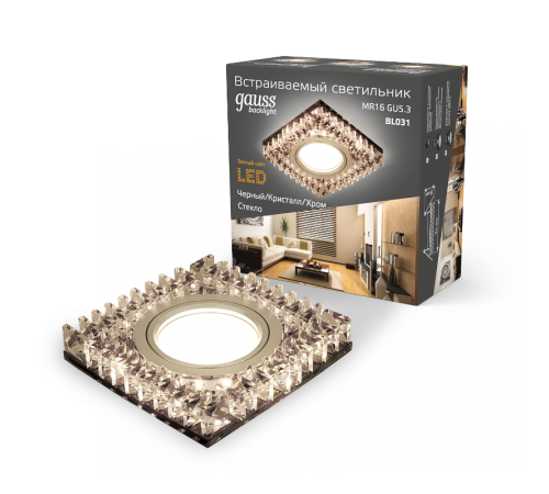 Светильник точечный встраиваемый Backlight BL031 Квадрат. Черн.Кристал/Хром, Gu5.3, LED 2700K  BL031  Gauss