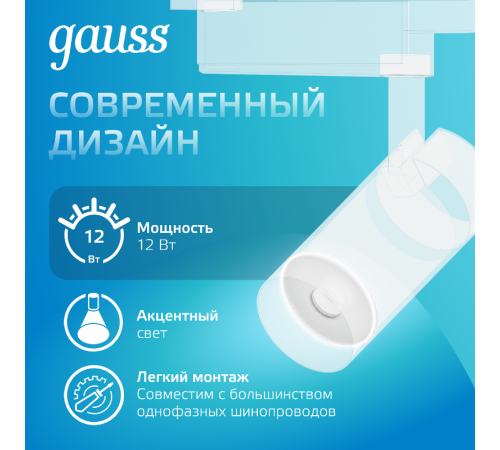 Светильник светодиодный трековый цилиндр 12W 1100lm 4000K 180-220V IP20 55*185мм белый линза 36  TR079  Gauss