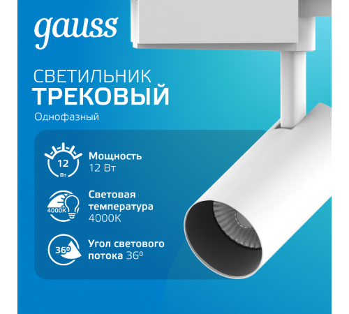Светильник светодиодный трековый цилиндр 12W 1100lm 4000K 180-220V IP20 55*185мм белый линза 36  TR079  Gauss