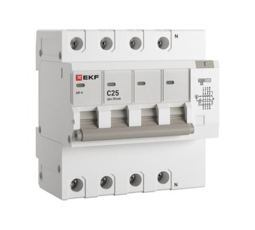 Выключатель автоматический дифференциального тока АД-4 4п 25А C 30мА тип AC (8 мод.) PROxima (электронный)  DA4-25-30-pro  EKF