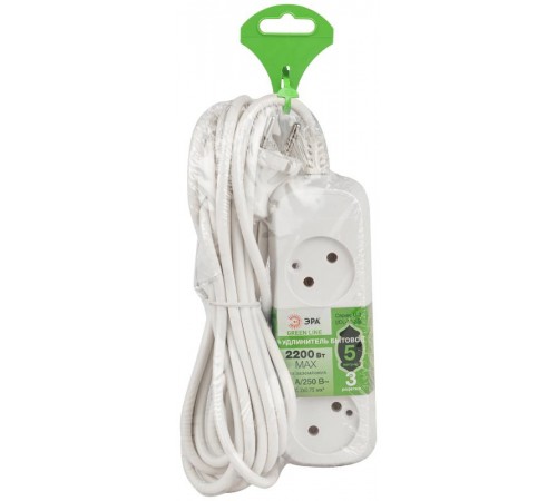 Удлинитель электрический ЭРА UDL-10-350 Greenline 3 розетки без заземления 5м ПВС 2x0.75мм2   Б0065073  ЭРА