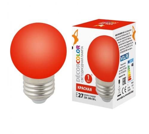 Лампа светодиодная LED-G45-1W/RED/E27/FR/С декоративная LED. "шар", матовая. Цвет красный  UL-00005646  Volpe
