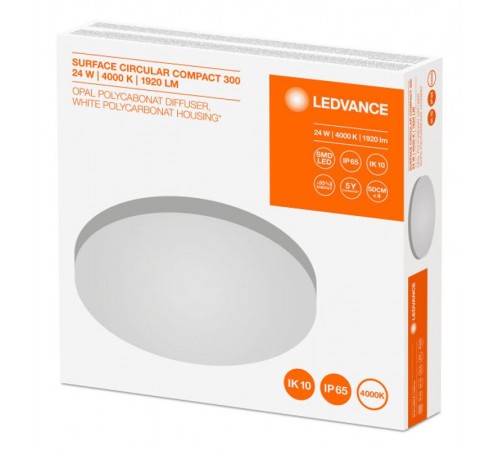 Светильник светодиодный ДПО-24Вт 4000K 1920Лм IP65 IK10 белый 300мм LEDVANCE  4058075062221  LEDVANCE